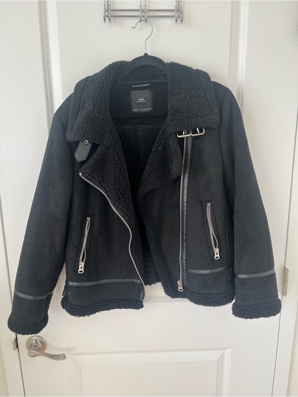 Zara Black Faux Shearling Aviator Jacket with Zip Details